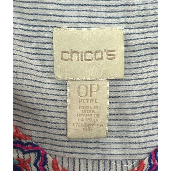 CHICO'S Boho Tassel Gauze Blouse Pinstripe Top Vibrant Relaxed Pleated Red Blue - Picture 9 of 12